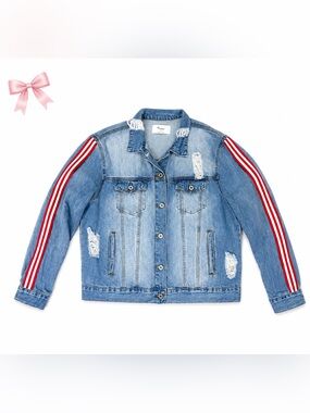 KanCan Los Angeles Distressed Denim Jacket with Stripe Sleeves | Medium
